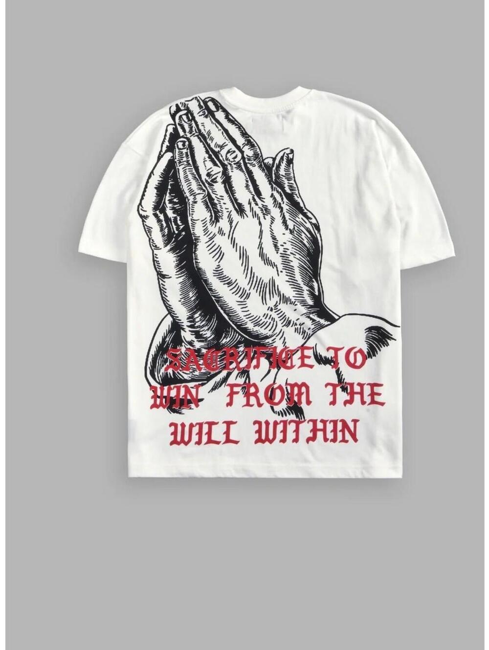 White Graphic T-Shirt with Praying Hands